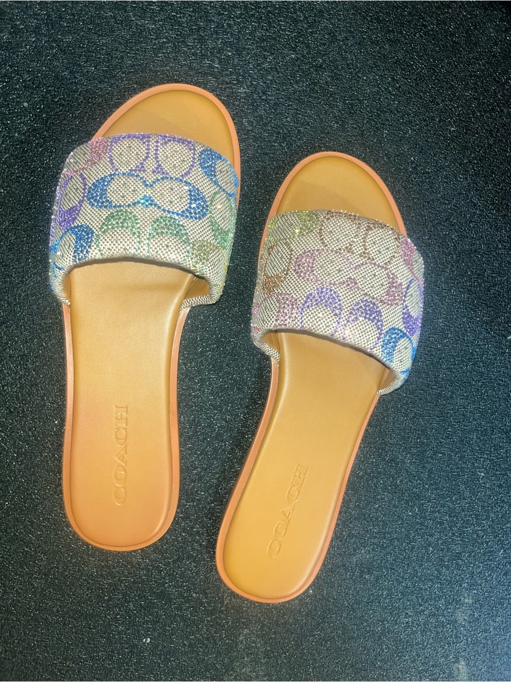 Coach Multicolor Crystal Signature Slide Sandals with Tan Footbed